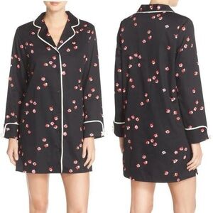 Kate Spade New York V-Neck Button Up Black Floral Cotton Sleepshirt Pajama Sz S